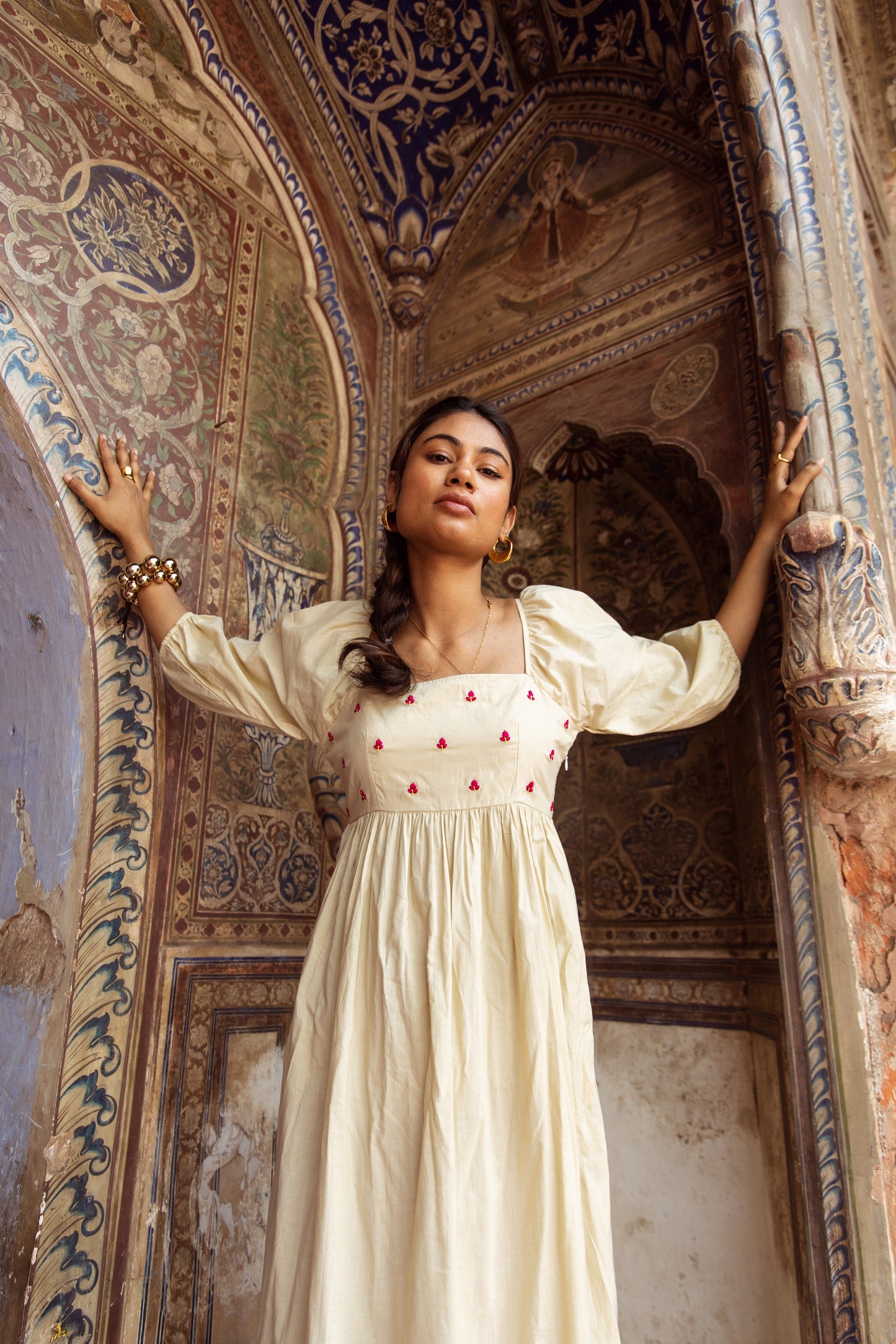 Cream Solid Sleeved Dress