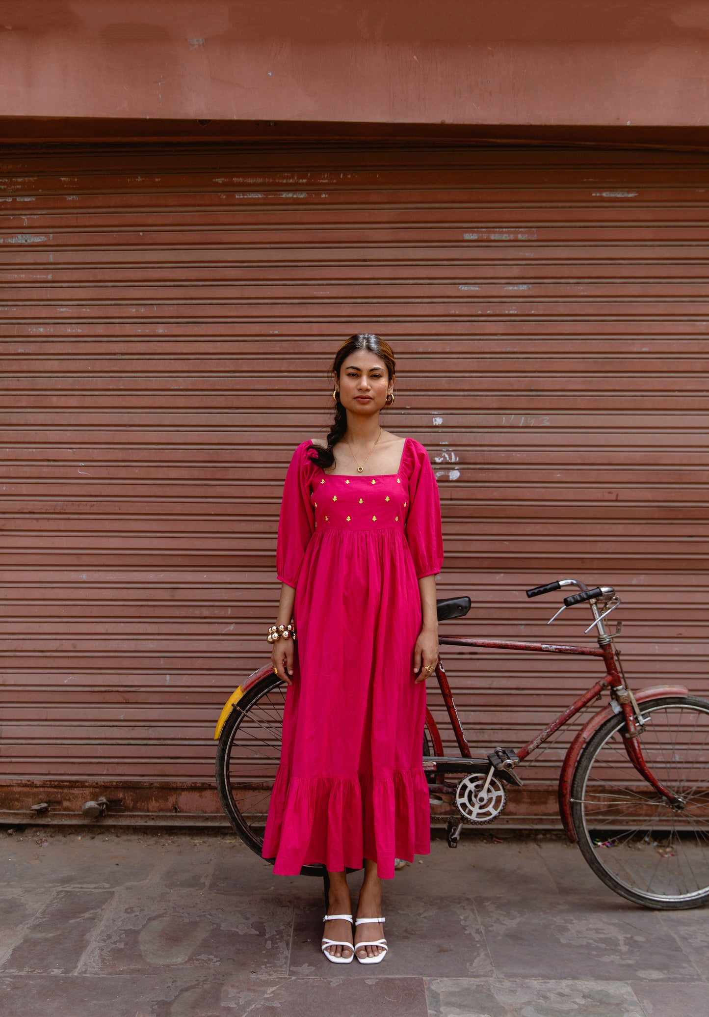 Pink Solid Sleeved Dress
