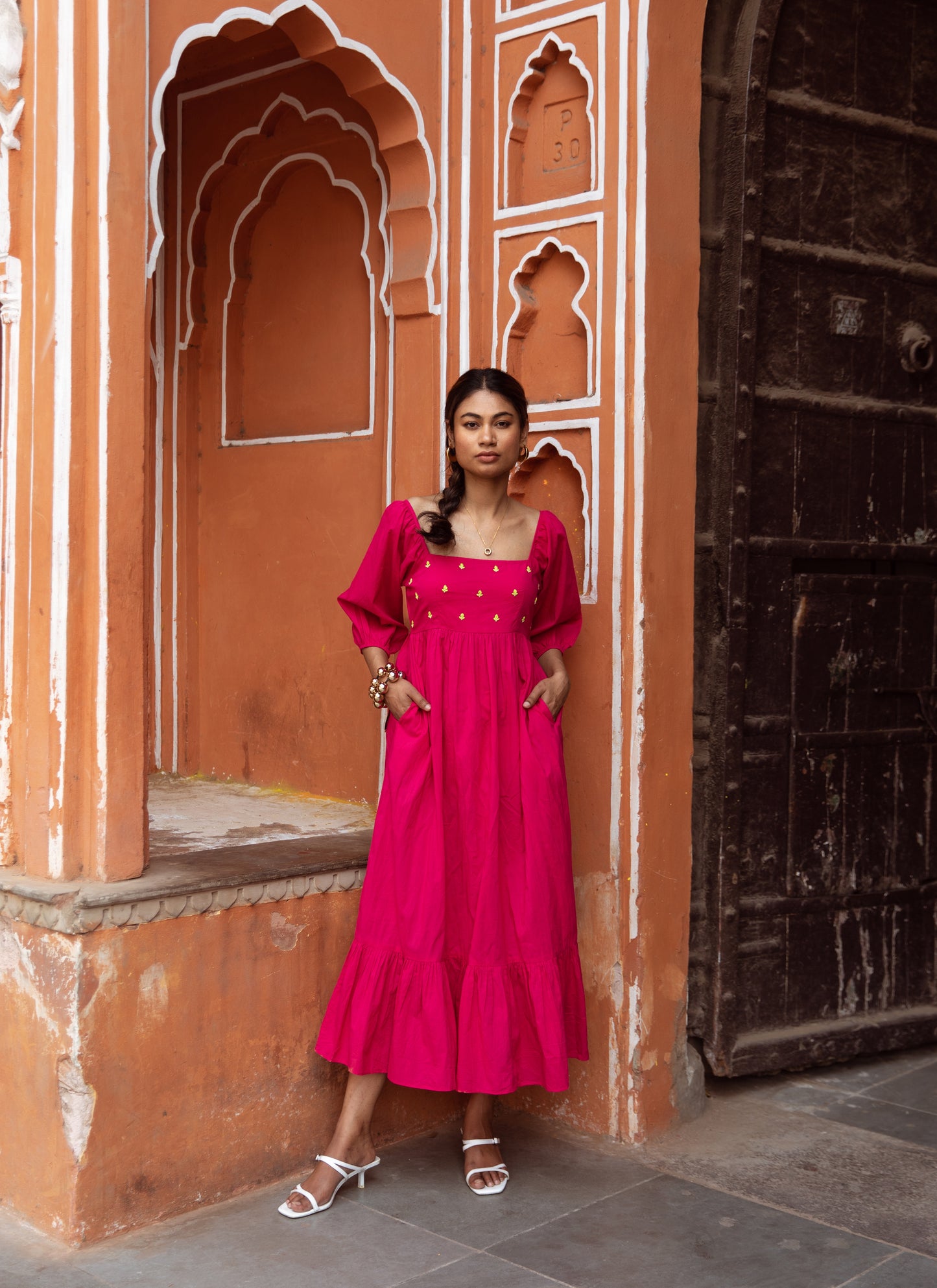 Pink Solid Sleeved Dress