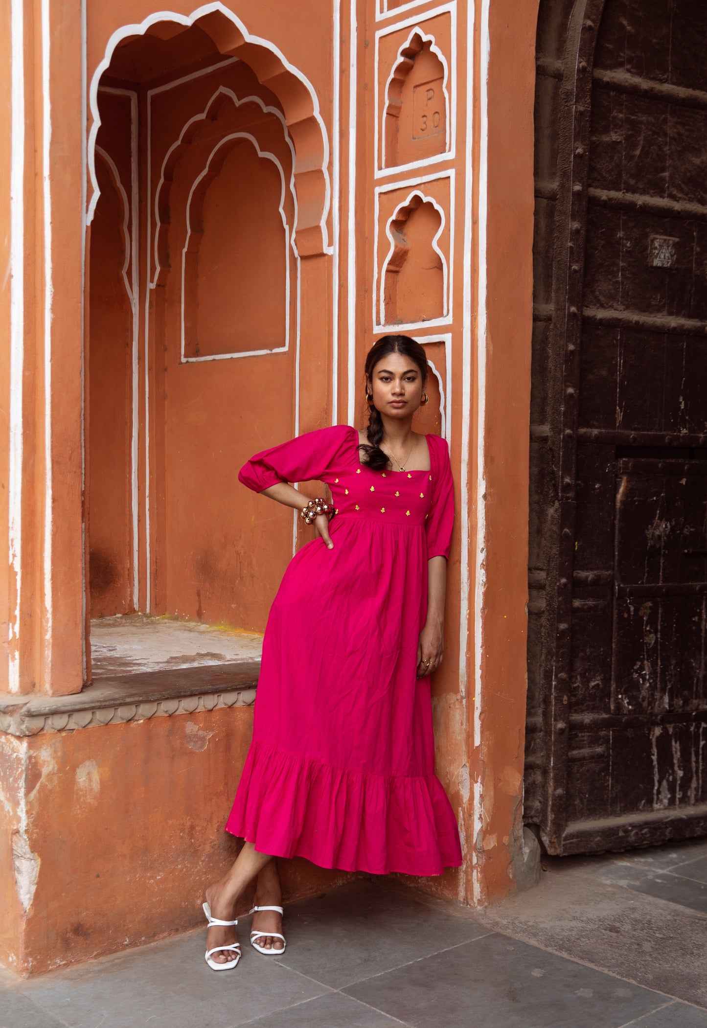 Pink Solid Sleeved Dress