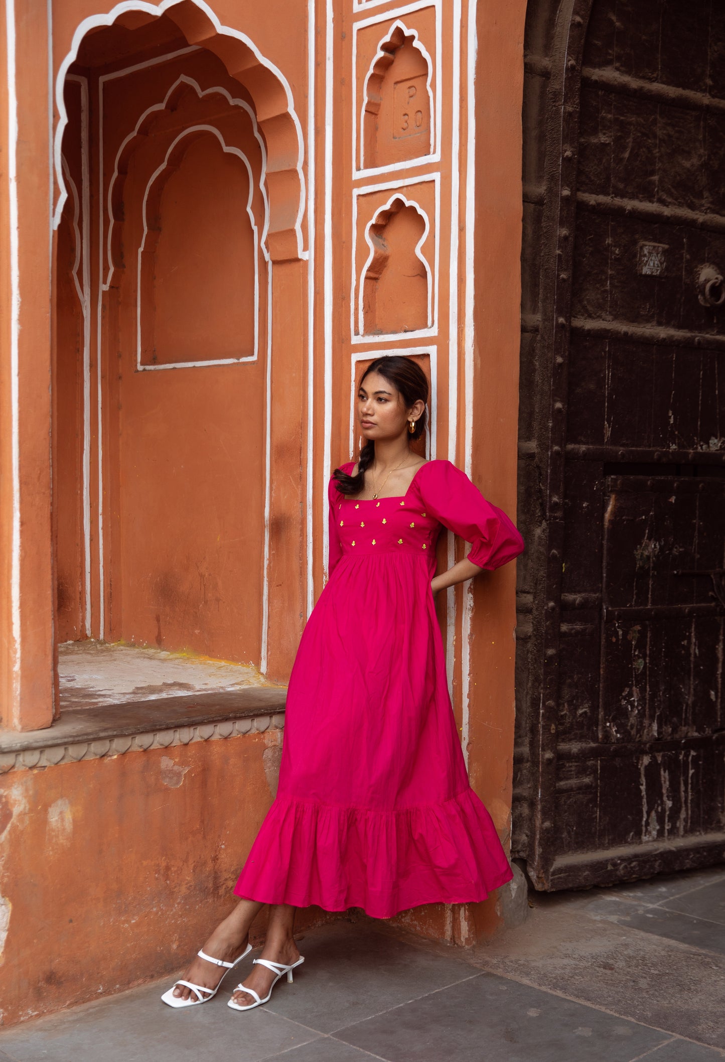 Pink Solid Sleeved Dress