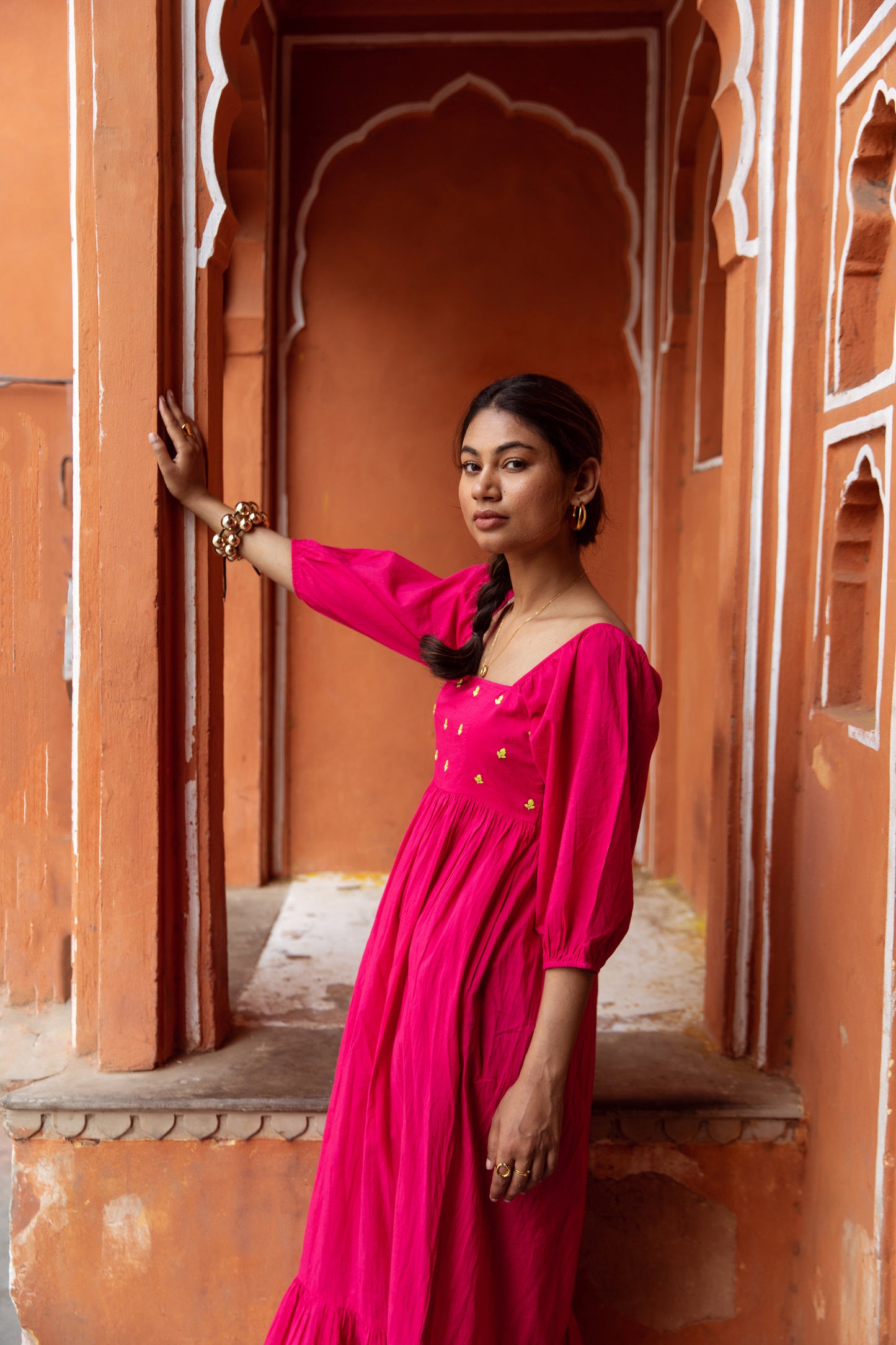 Pink Solid Sleeved Dress