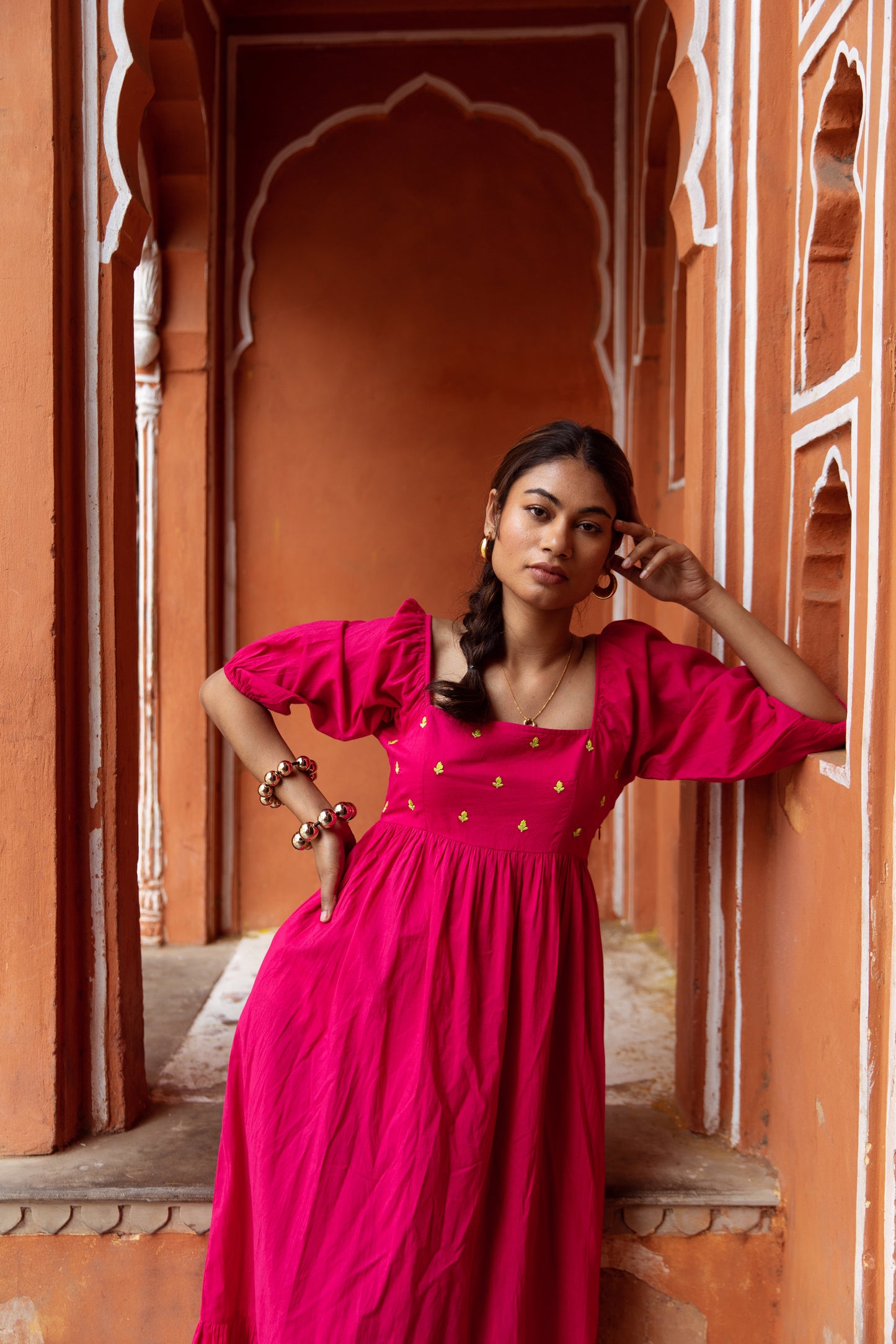 Pink Solid Sleeved Dress