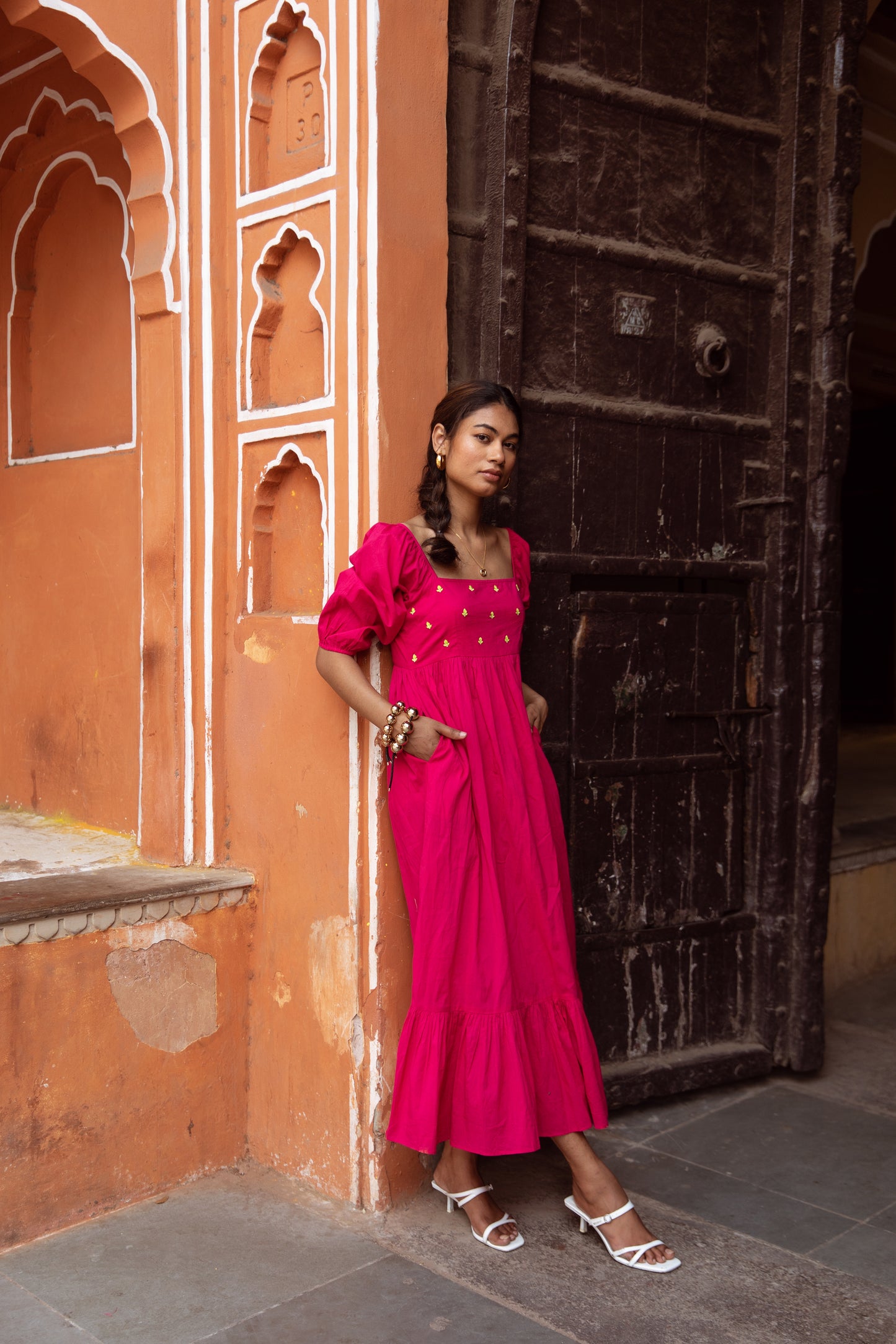 Pink Solid Sleeved Dress