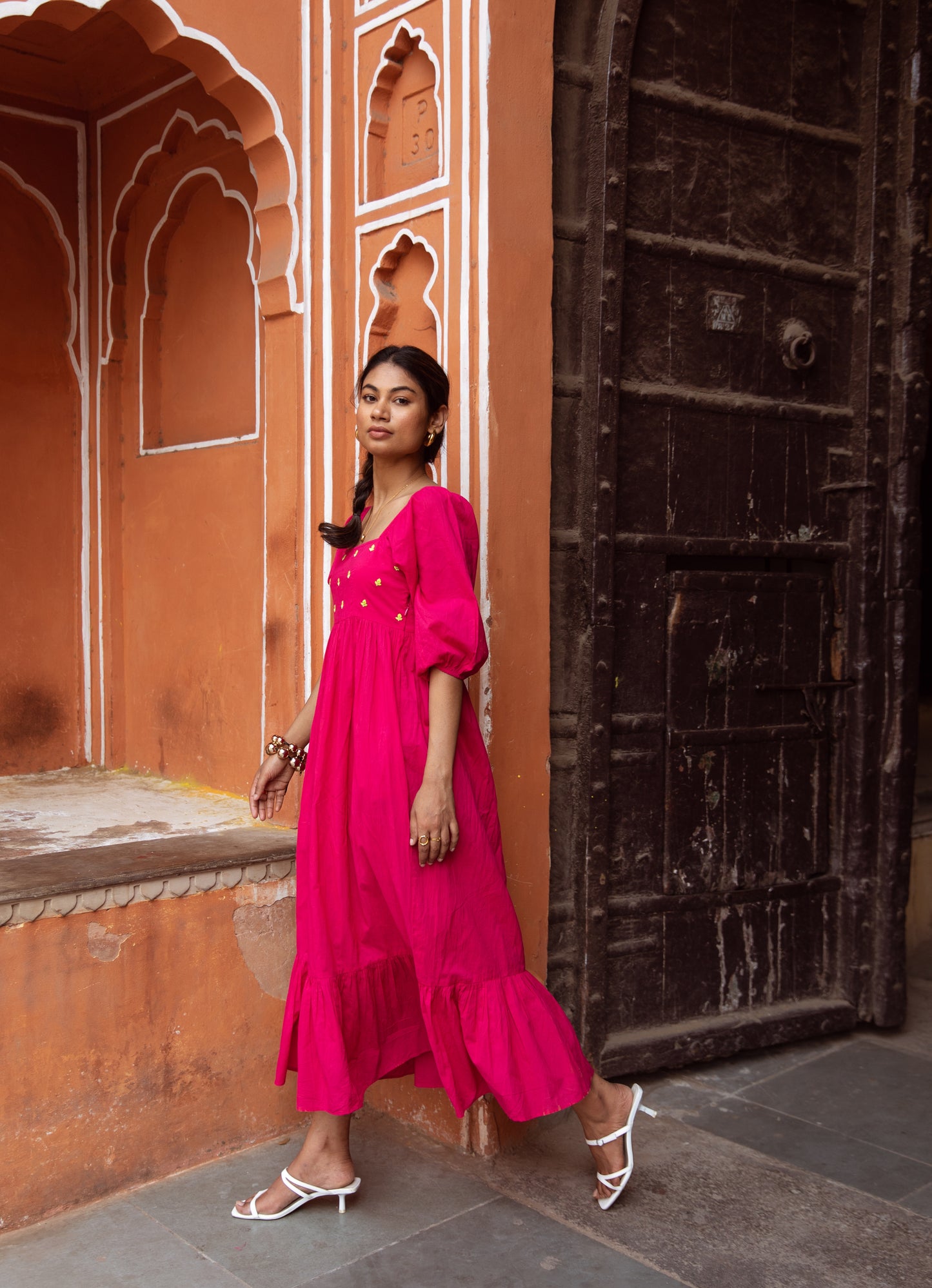 Pink Solid Sleeved Dress