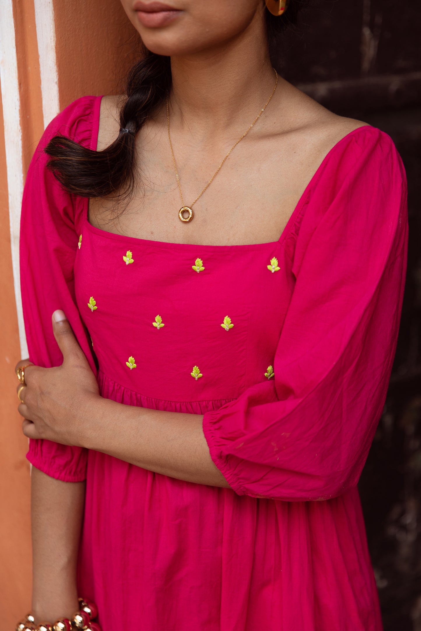 Pink Solid Sleeved Dress