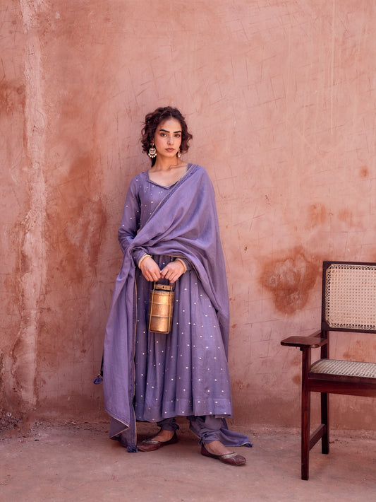 VIOLET MULMUL ANARKALI SUIT SET