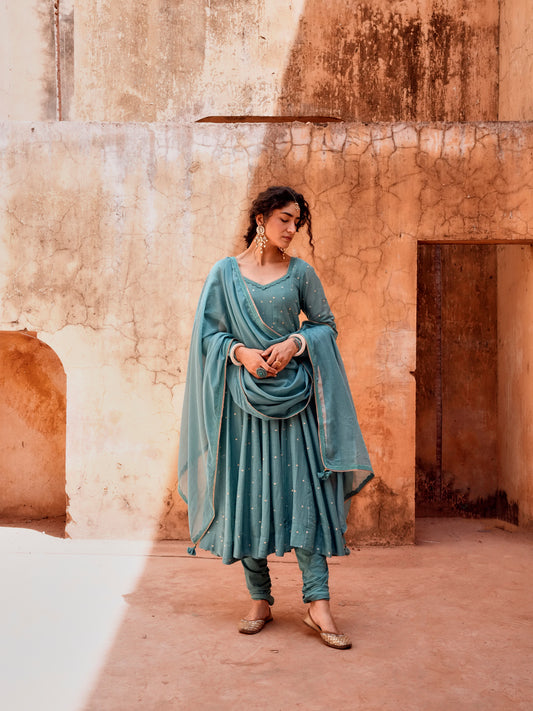 TEAL MULMUL ANARKALI SUIT SET