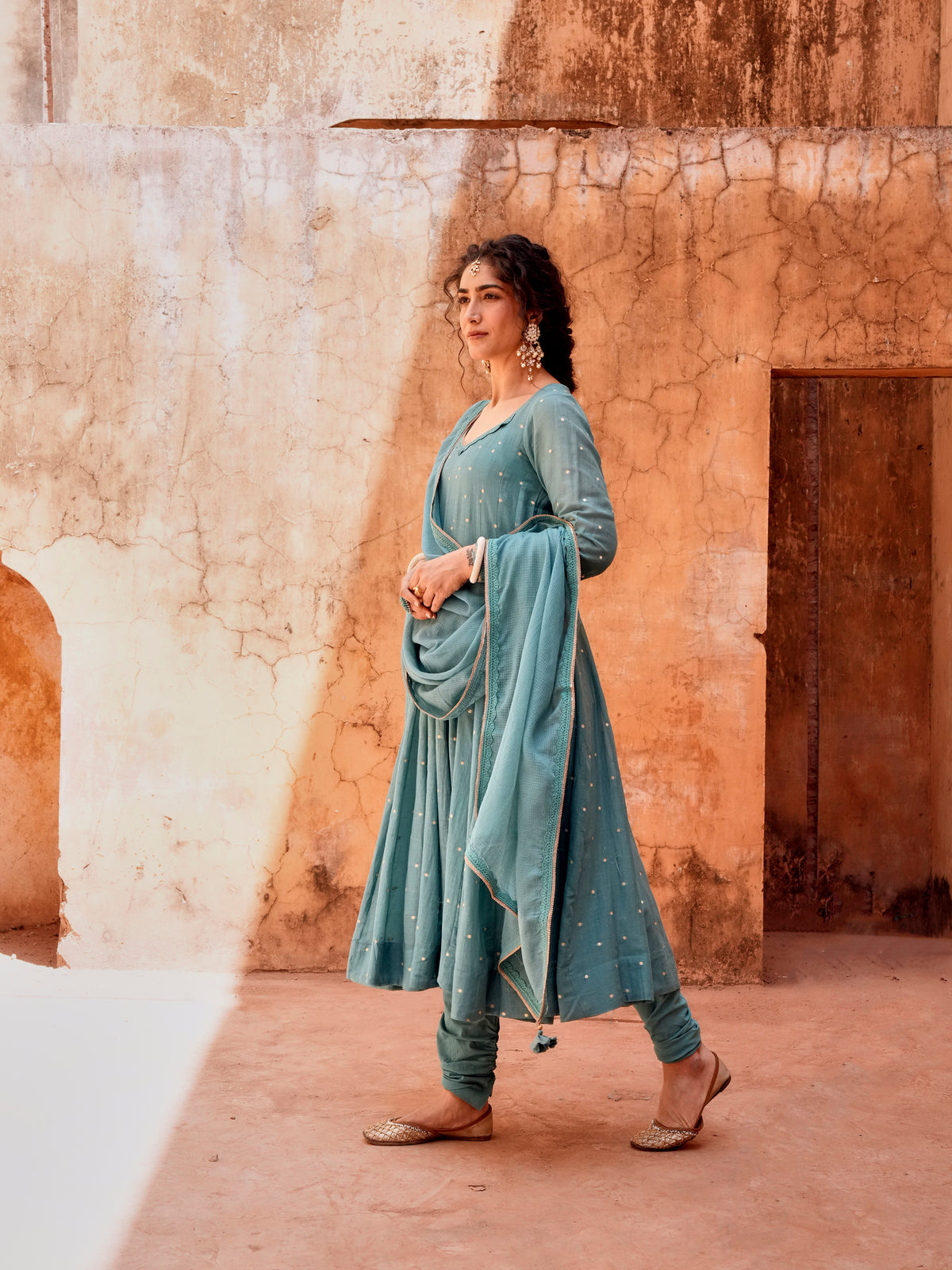 TEAL MULMUL ANARKALI SUIT SET