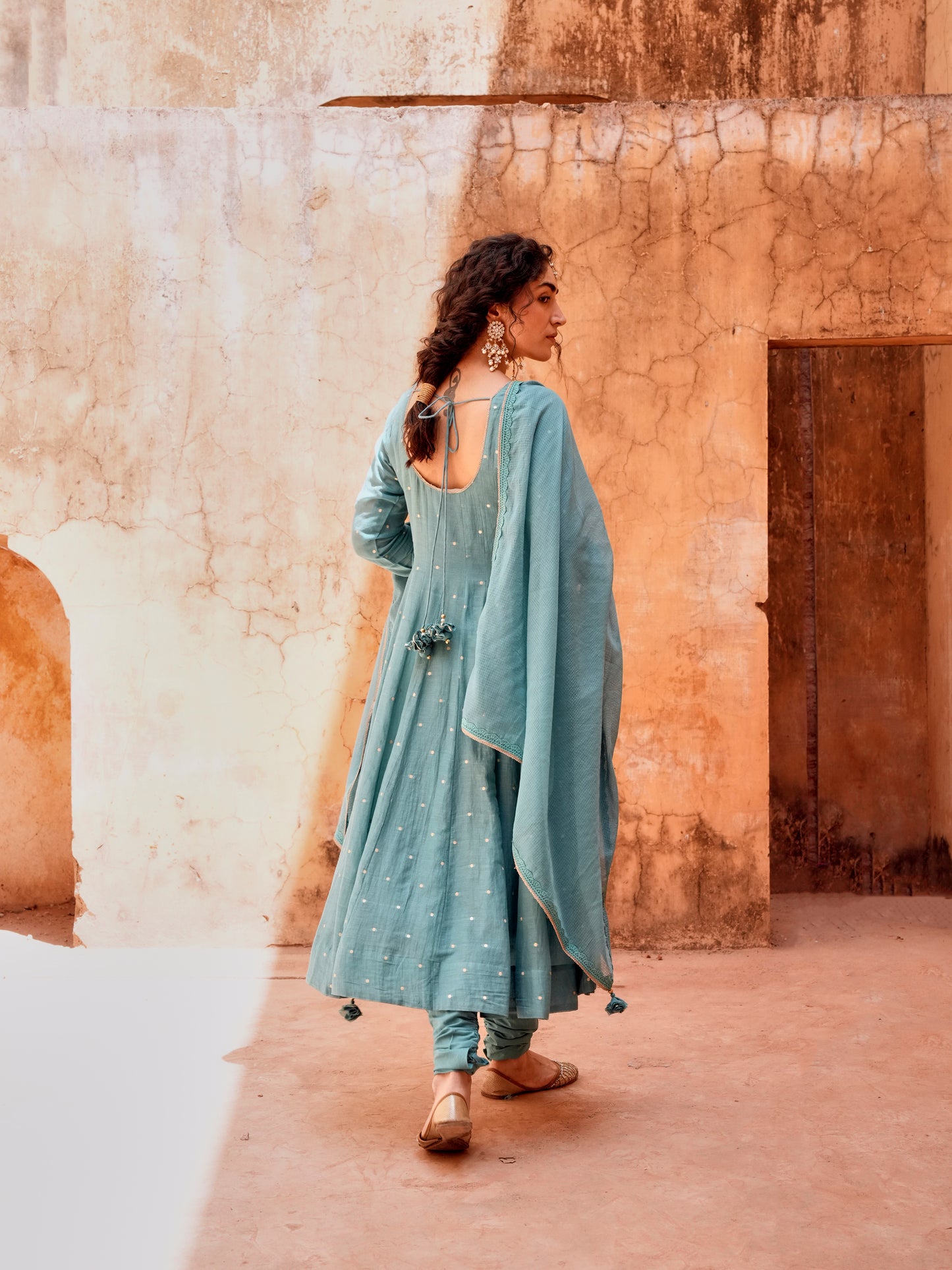 TEAL MULMUL ANARKALI SUIT SET
