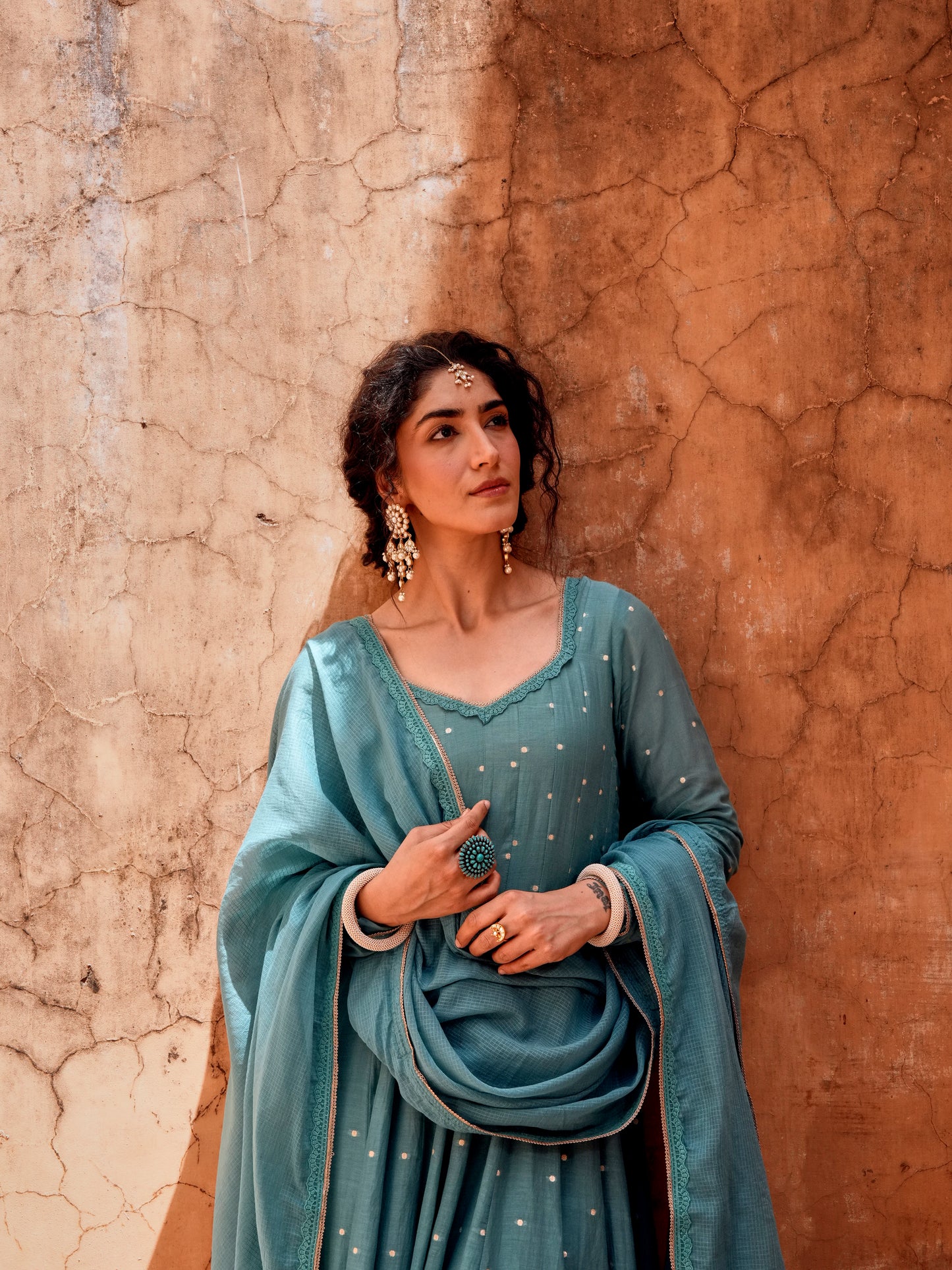 TEAL MULMUL ANARKALI SUIT SET