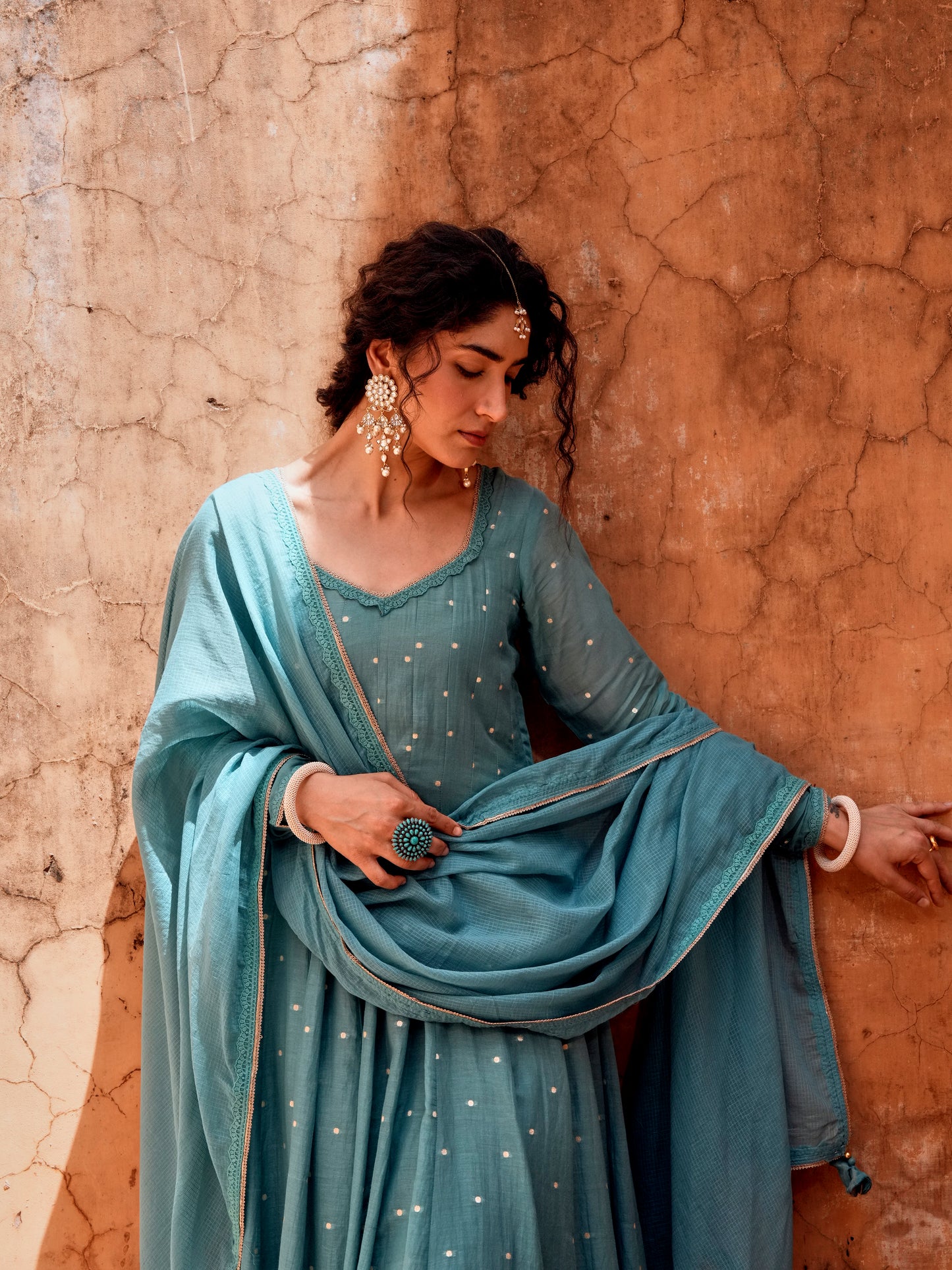 TEAL MULMUL ANARKALI SUIT SET