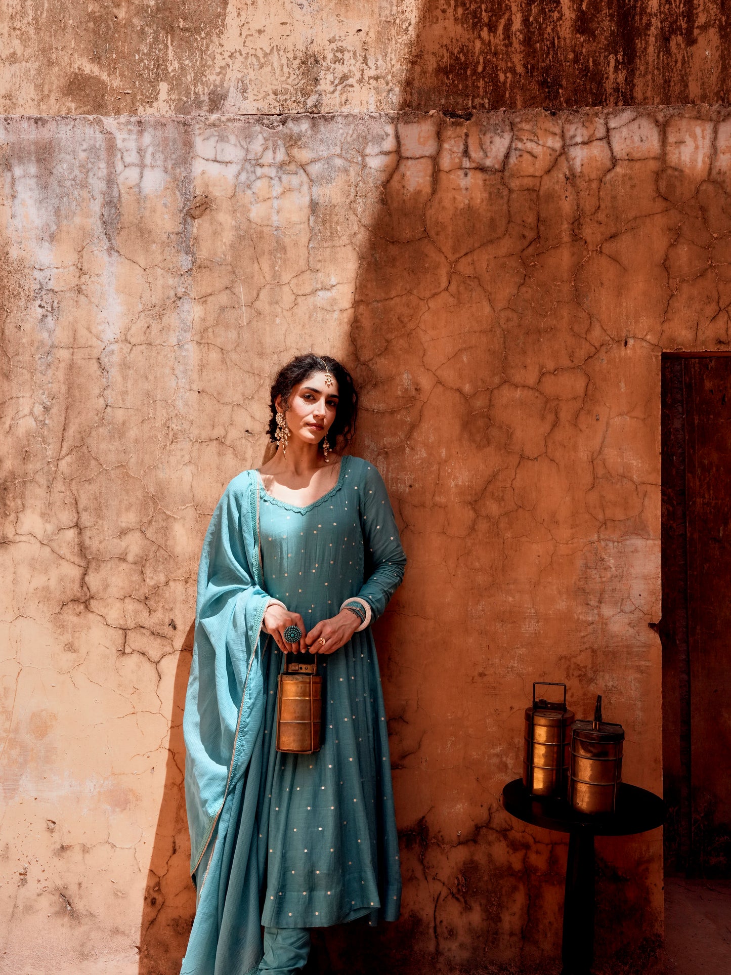 TEAL MULMUL ANARKALI SUIT SET
