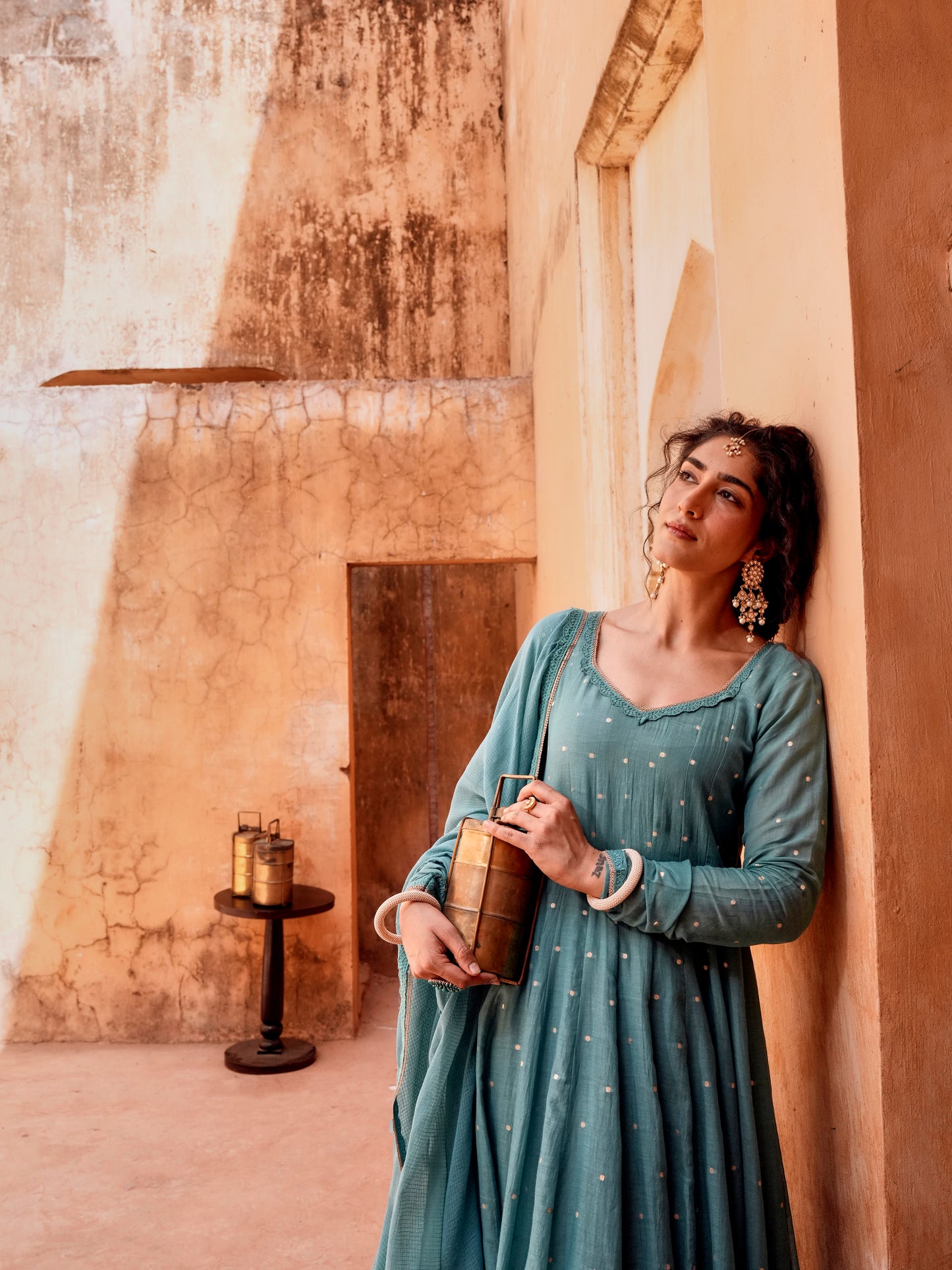 TEAL MULMUL ANARKALI SUIT SET