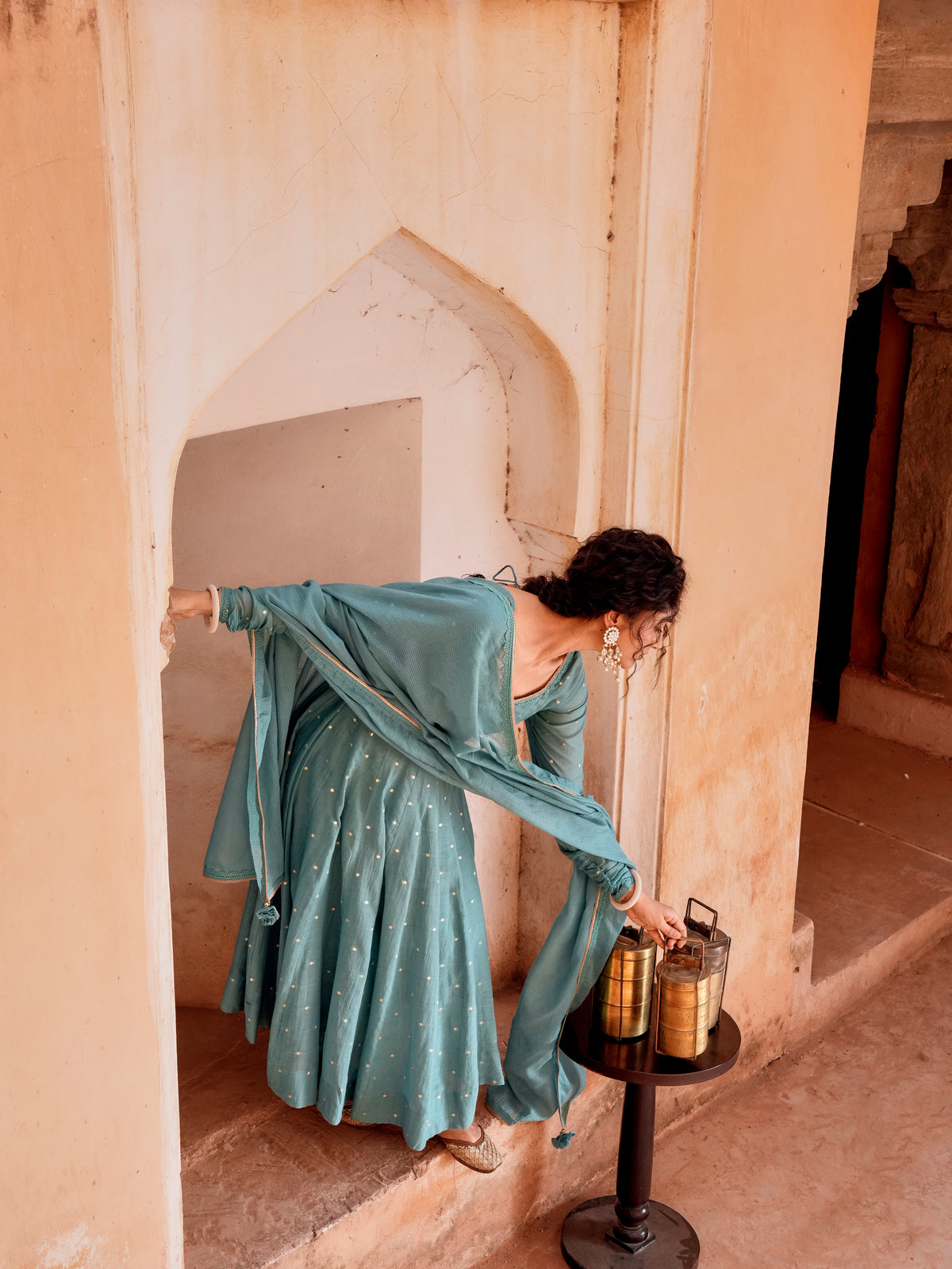 TEAL MULMUL ANARKALI SUIT SET