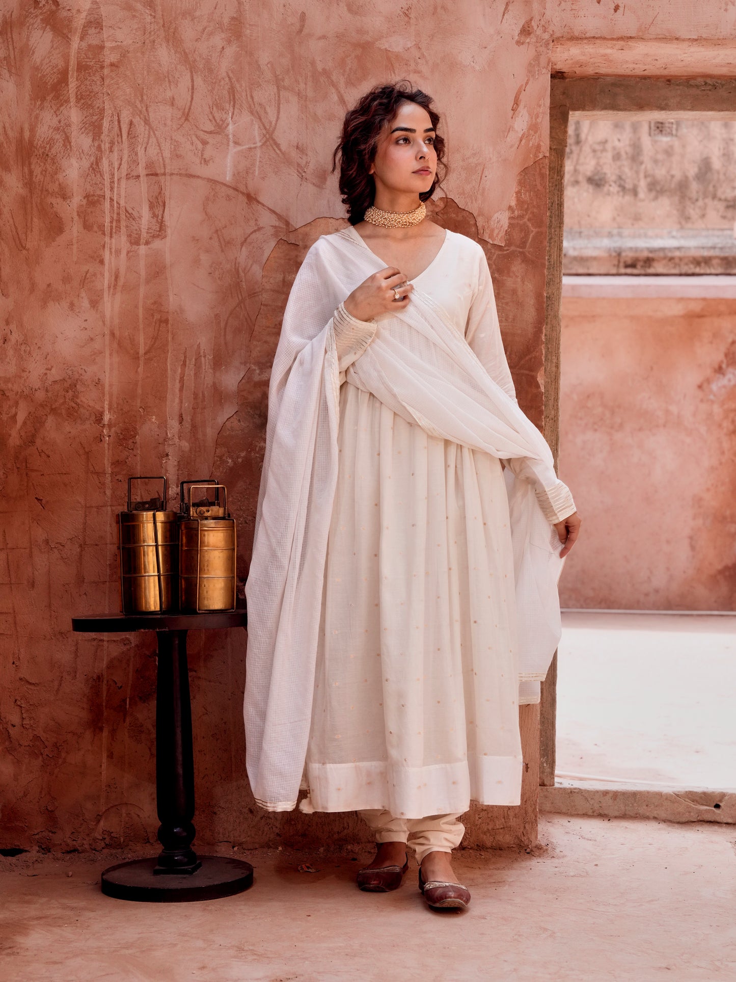 OFF WHITE MUL COTTON ANARKALI SUIT SET