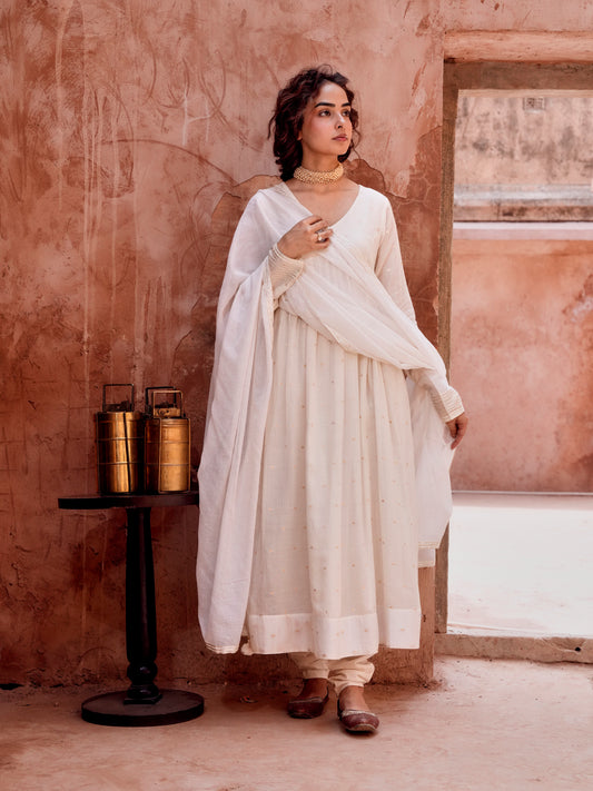 OFF WHITE MUL COTTON ANARKALI SUIT SET