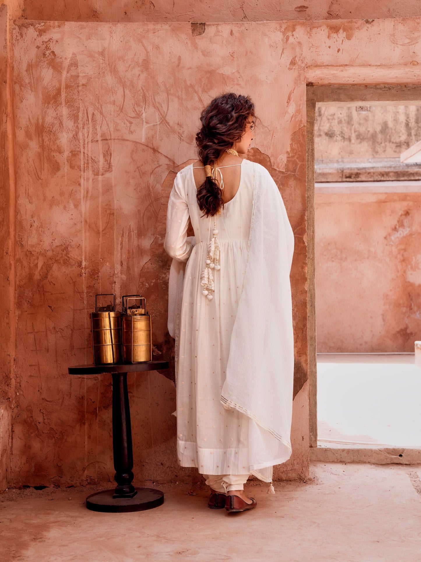 OFF WHITE MUL COTTON ANARKALI SUIT SET