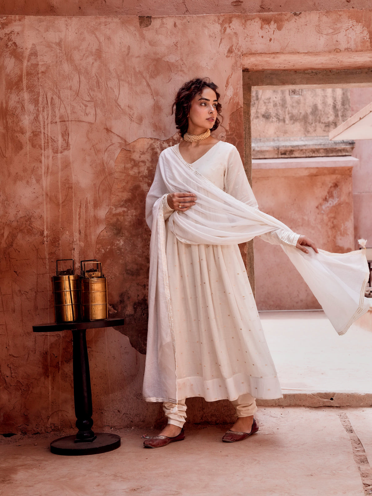 OFF WHITE MUL COTTON ANARKALI SUIT SET