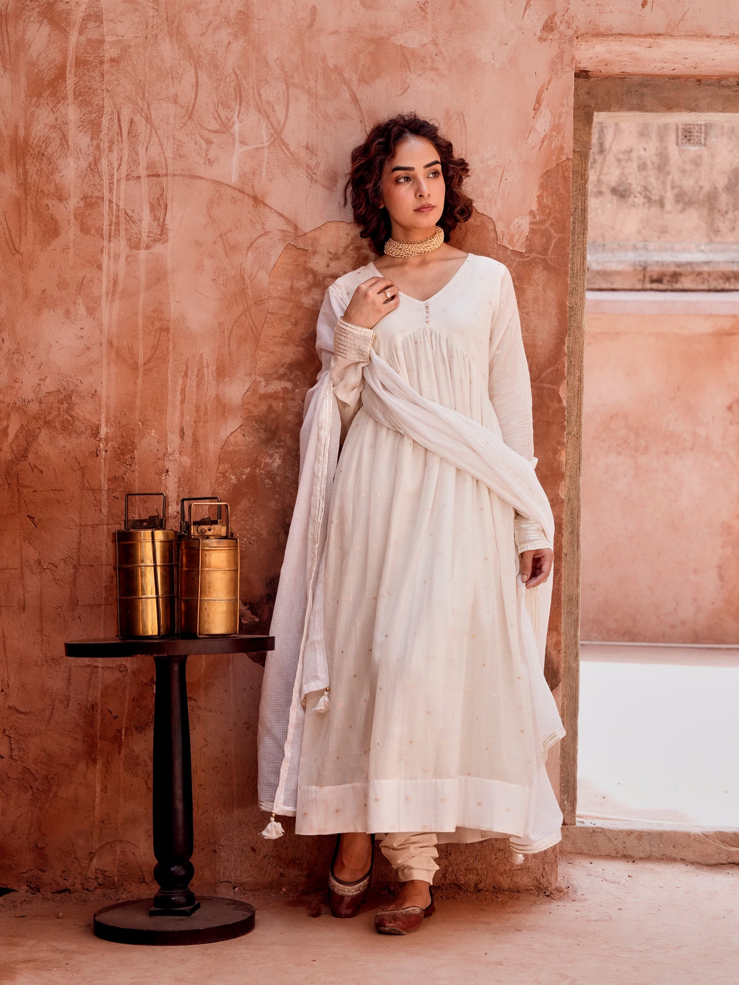 OFF WHITE MUL COTTON ANARKALI SUIT SET