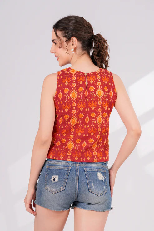 Orange Ikkat Back Key Hole Top