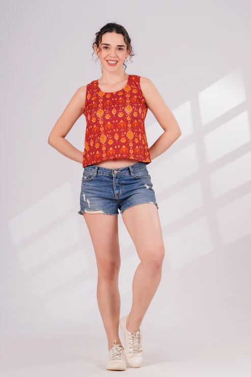 Orange Ikkat Back Key Hole Top