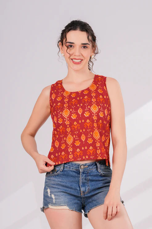 Orange Ikkat Back Key Hole Top