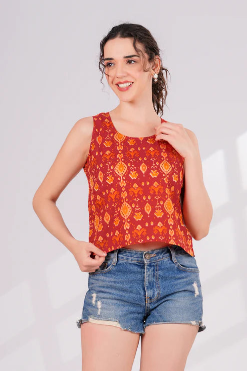 Orange Ikkat Back Key Hole Top
