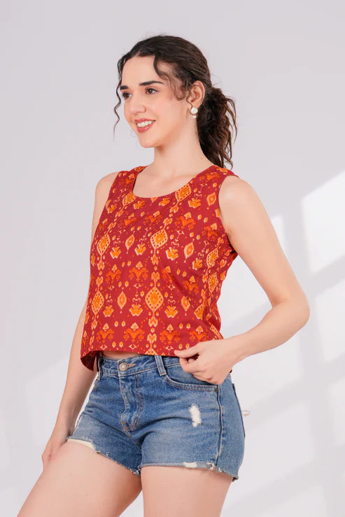 Orange Ikkat Back Key Hole Top