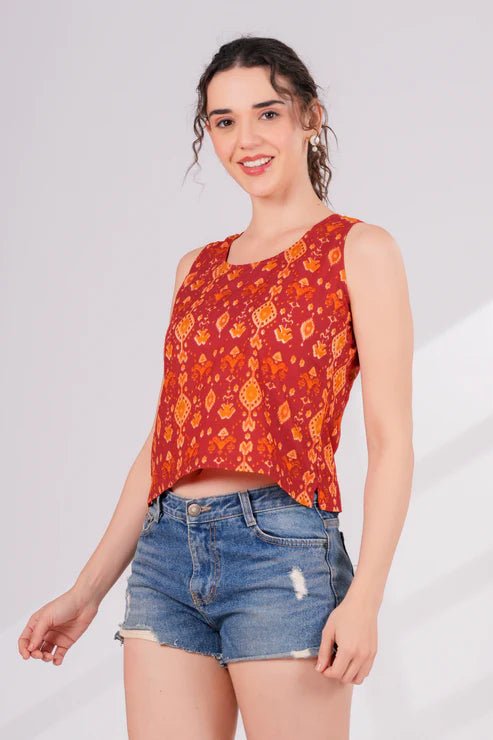 Orange Ikkat Back Key Hole Top
