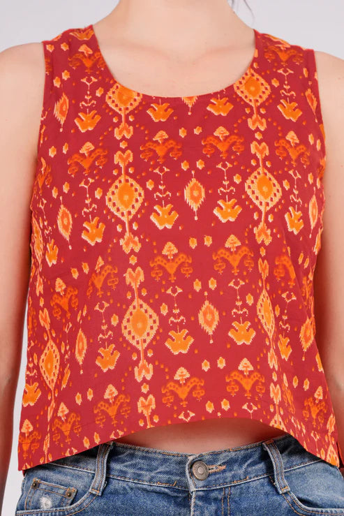 Orange Ikkat Back Key Hole Top