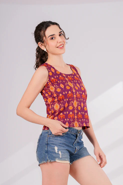 Wine Ikkat Back Key Hole Top