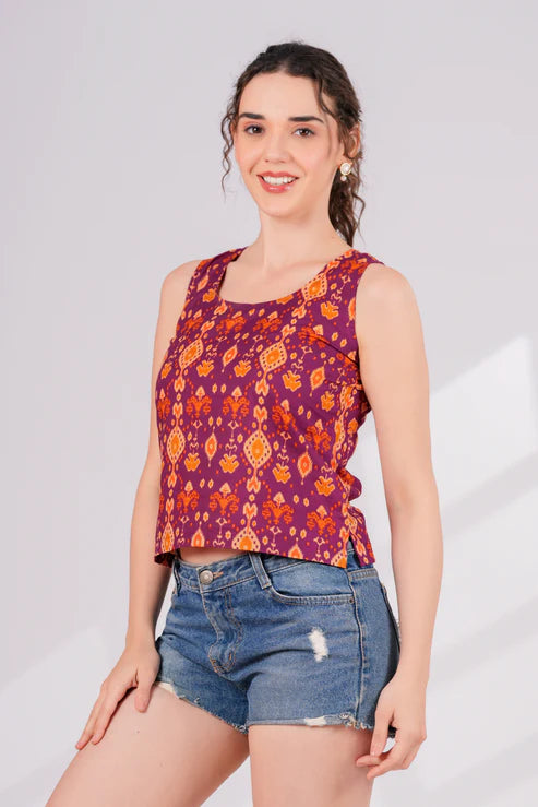 Wine Ikkat Back Key Hole Top