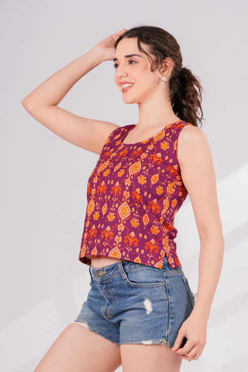 Wine Ikkat Back Key Hole Top