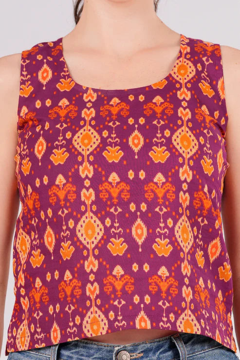 Wine Ikkat Back Key Hole Top