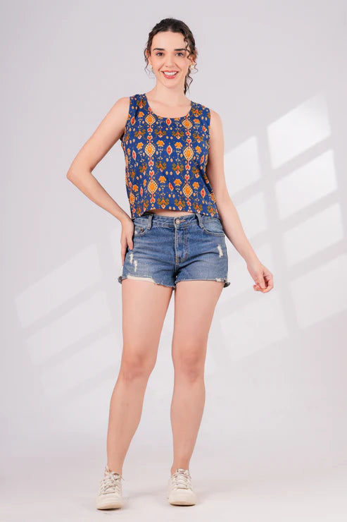 Blue Ikkat Back Key Hole Top
