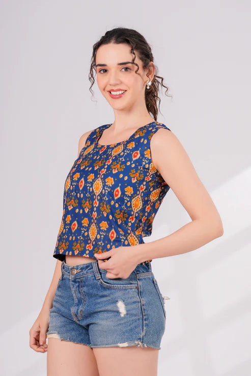 Blue Ikkat Back Key Hole Top