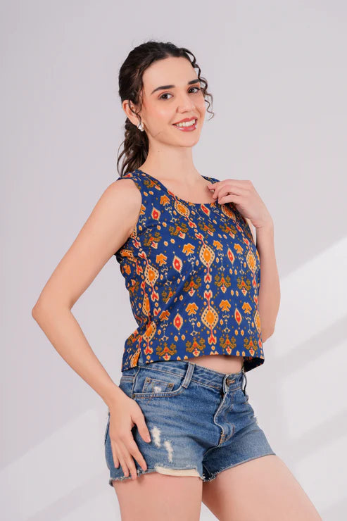 Blue Ikkat Back Key Hole Top