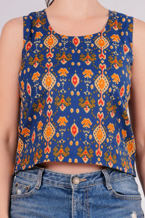 Blue Ikkat Back Key Hole Top