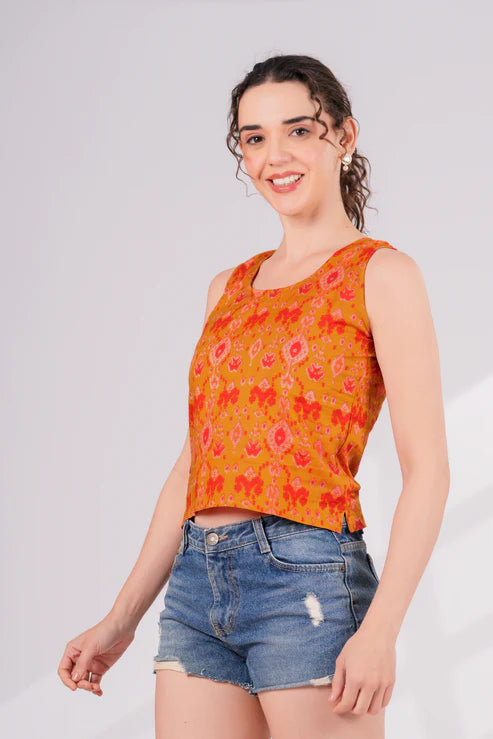 Mustard Ikkat Key Hole Crop Top