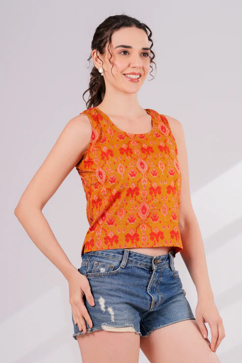 Mustard Ikkat Key Hole Crop Top