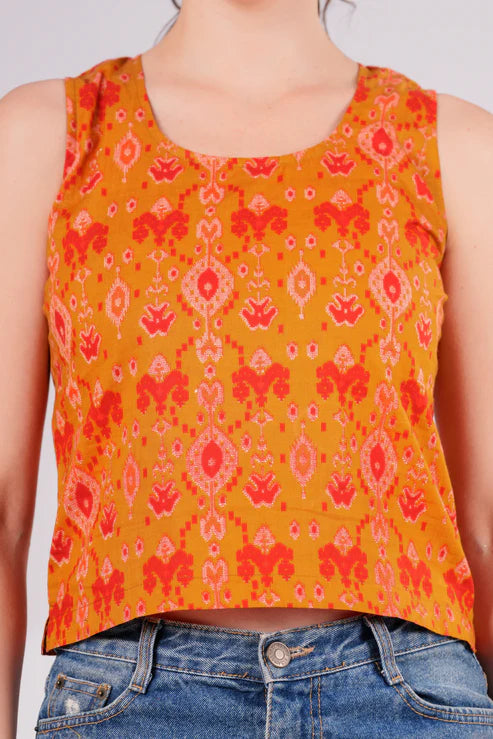 Mustard Ikkat Key Hole Crop Top
