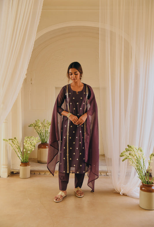 PURPLE EMBROIDERED KURTA SET