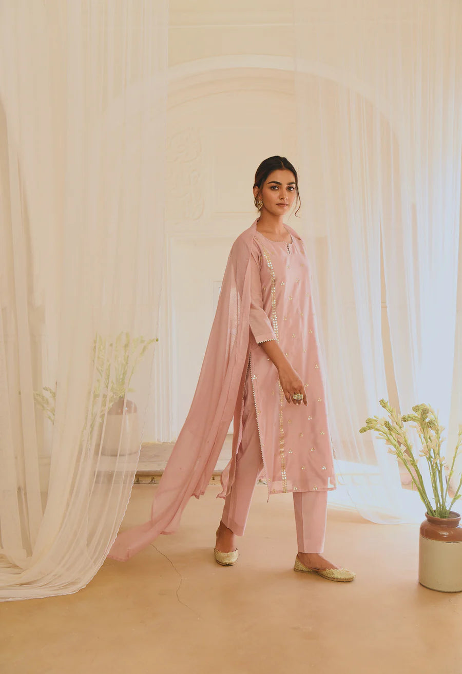 ROSE PINK GOTA PATTI EMBROIDERED KURTA SET
