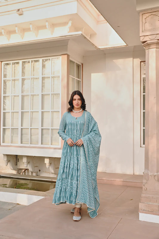 MULMUL BLUE TIERED ANARKALI SET