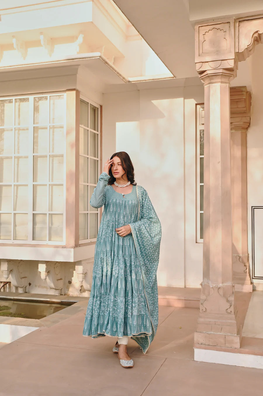 MULMUL BLUE TIERED ANARKALI SET