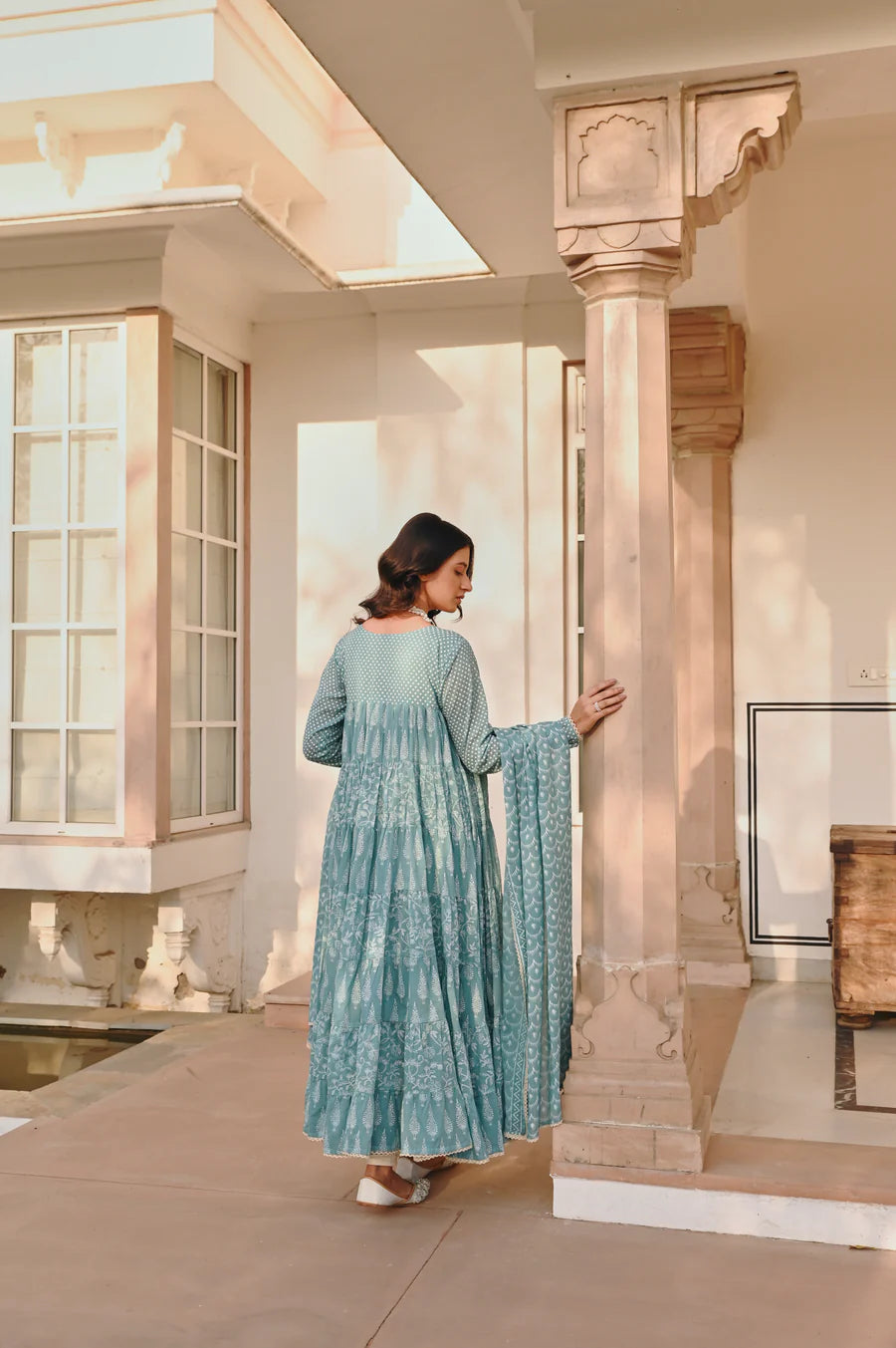 MULMUL BLUE TIERED ANARKALI SET