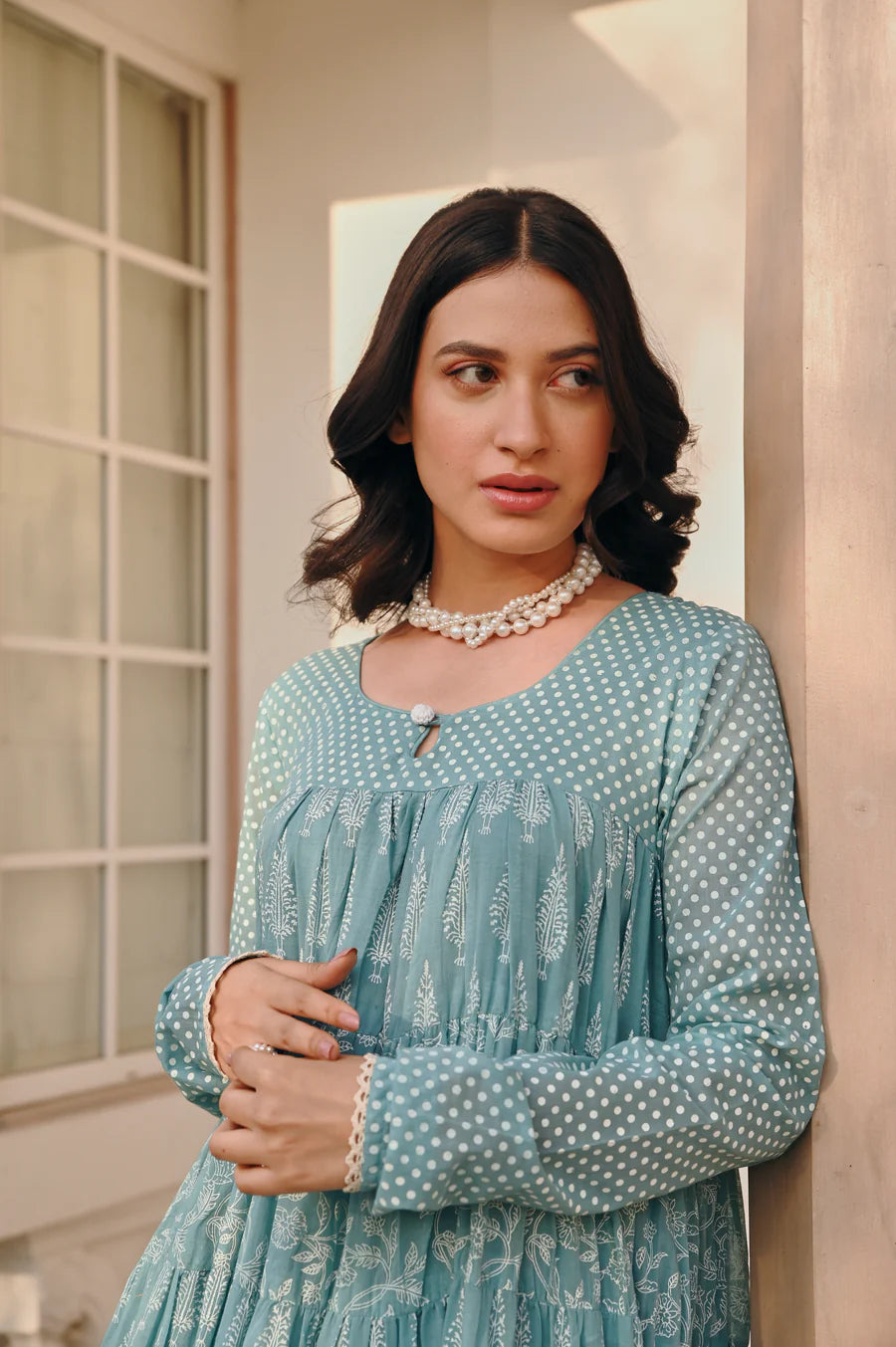 MULMUL BLUE TIERED ANARKALI SET