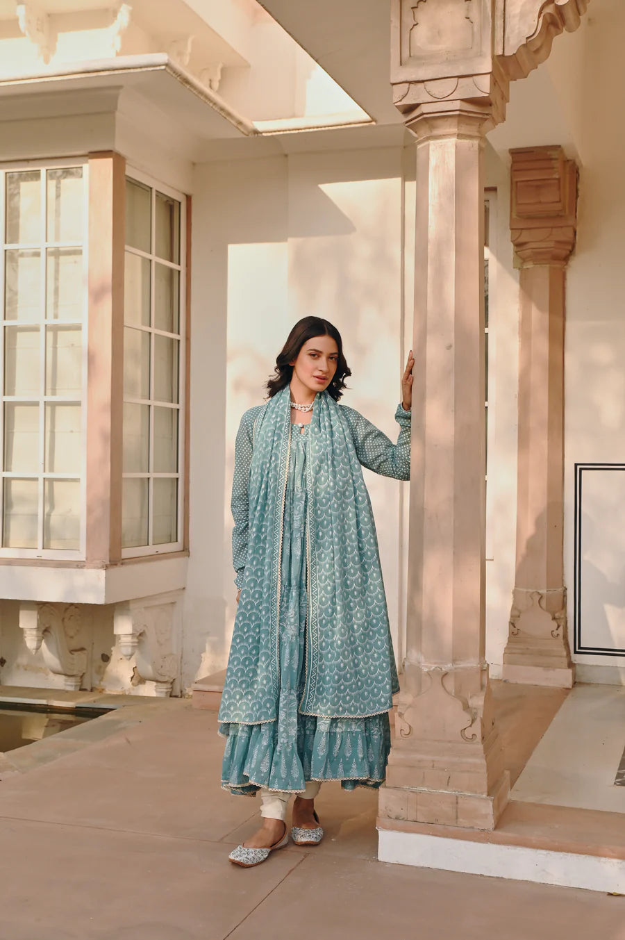 MULMUL BLUE TIERED ANARKALI SET