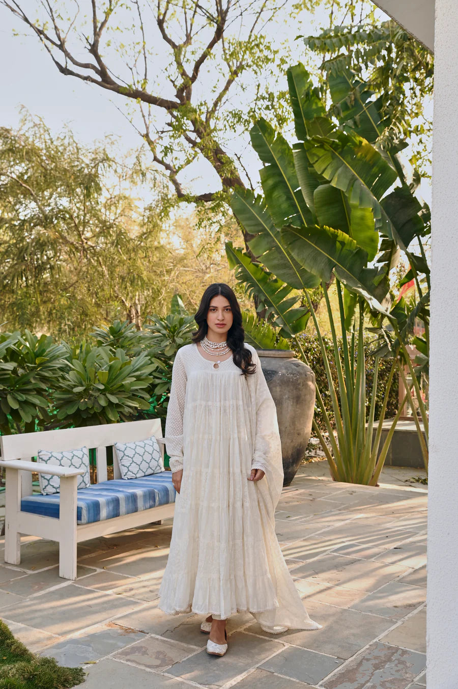 MULMUL CREAM TIERED ANRAKALI SET